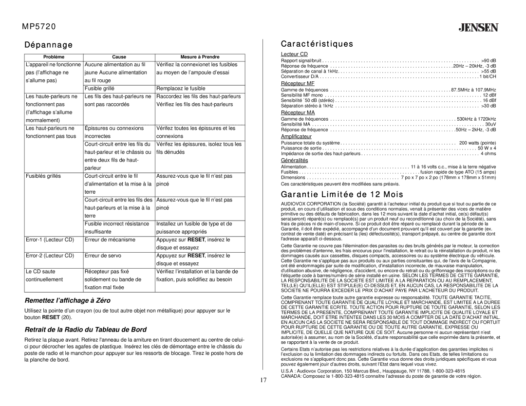 Audiovox owner manual MP5720 Dépannage, Caractéristiques, Garantie Limitée de 12 Mois, Remettez l’affichage à Zéro 