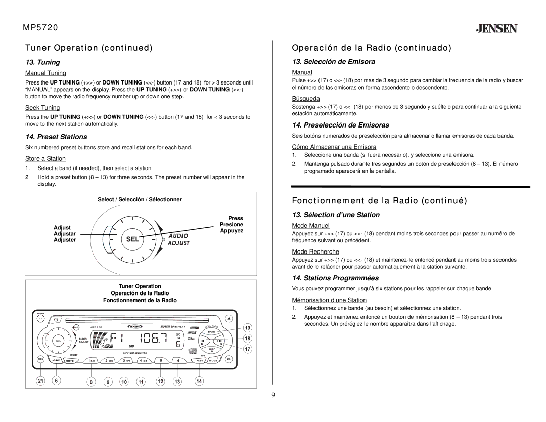 Audiovox owner manual MP5720 Tuner Operation, Operación de la Radio continuado, Fonctionnement de la Radio continué 