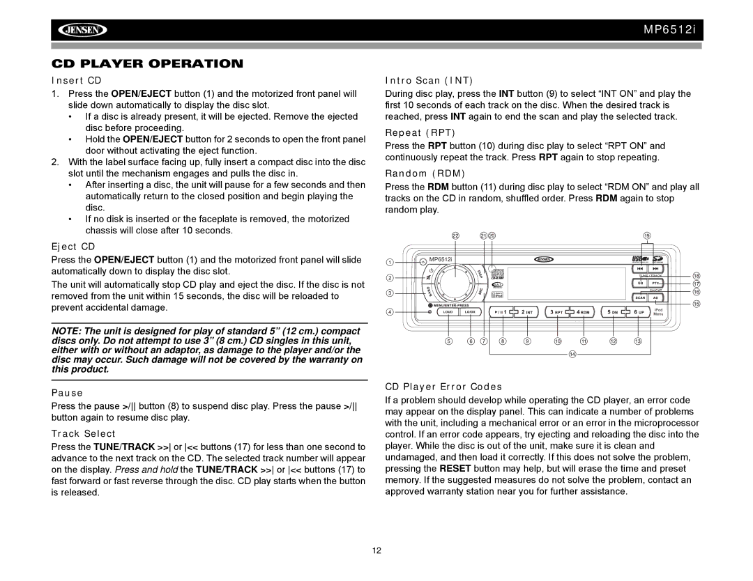 Audiovox MP6512i operation manual CD Player Operation 