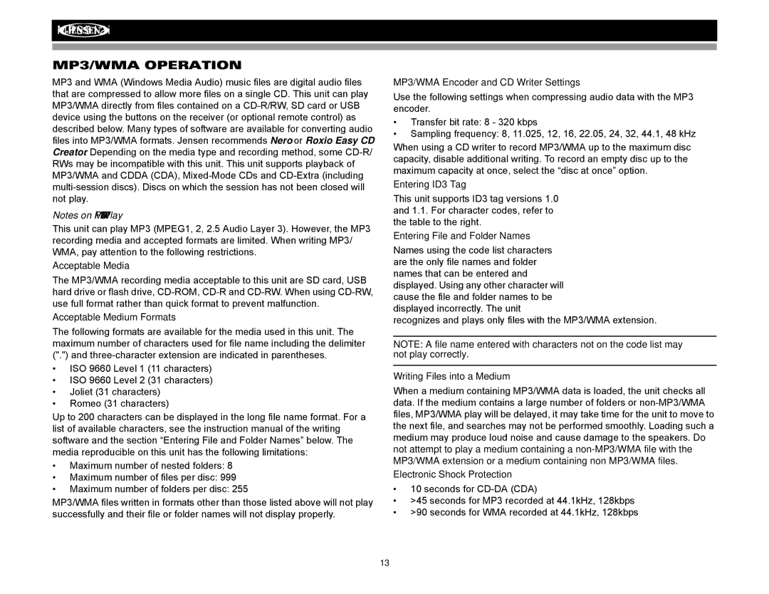 Audiovox MP6512i operation manual MP3/WMA Operation 