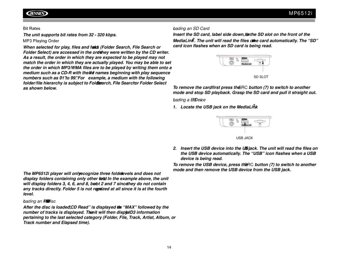 Audiovox MP6512i Bit Rates, MP3 Playing Order, Loading an MP3/WMA Disc, Loading an SD Card, Loading a USB Device 