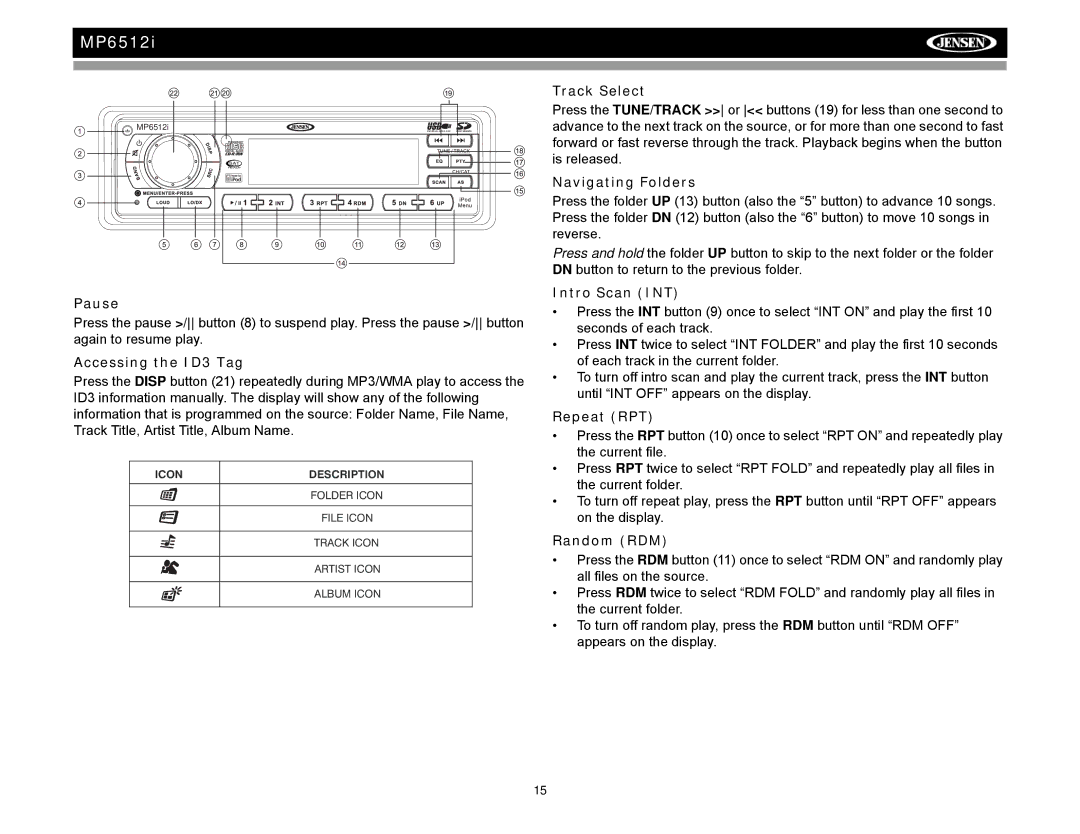 Audiovox MP6512i operation manual Accessing the ID3 Tag, Navigating Folders 