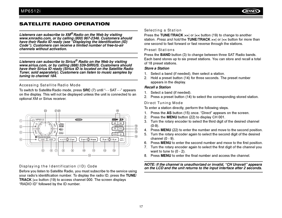 Audiovox MP6512i Satellite Radio Operation, Accessing Satellite Radio Mode, Displaying the Identification ID Code 