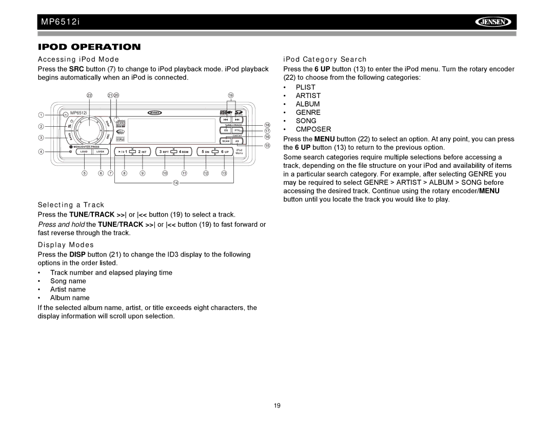 Audiovox MP6512i operation manual Ipod Operation, Accessing iPod Mode, Selecting a Track, IPod Category Search 