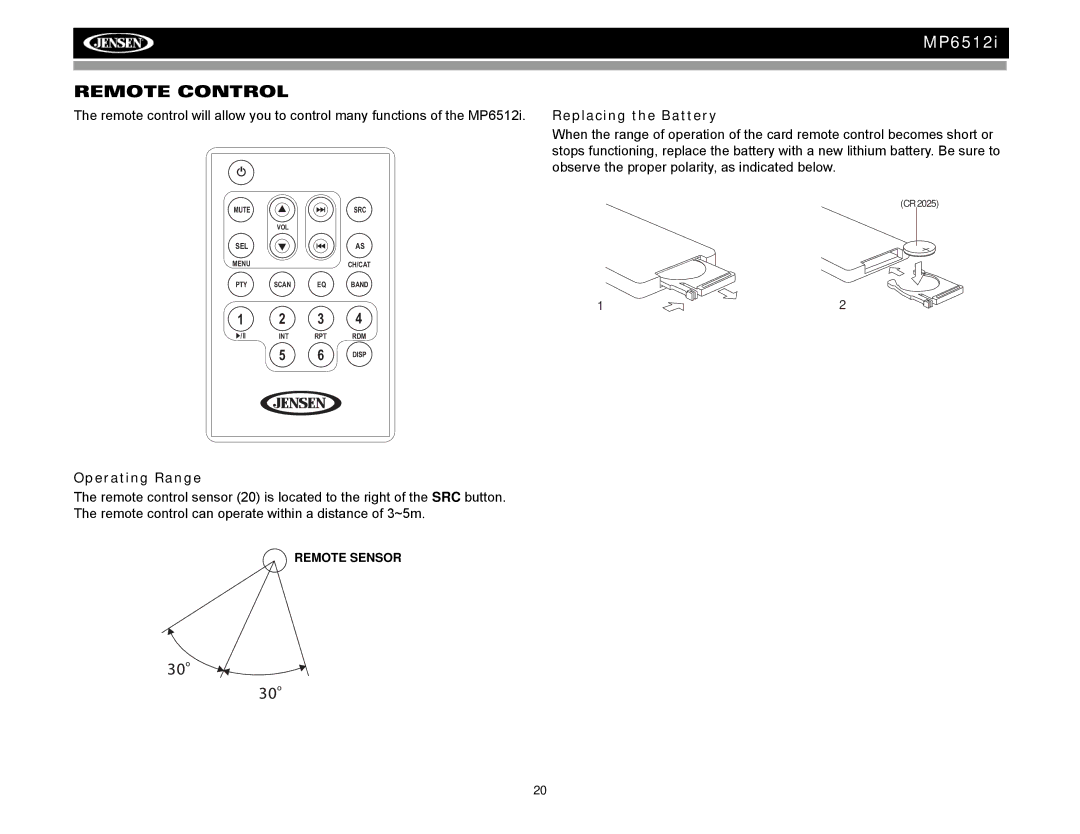 Audiovox MP6512i operation manual Remote Control, Replacing the Battery, Operating Range 