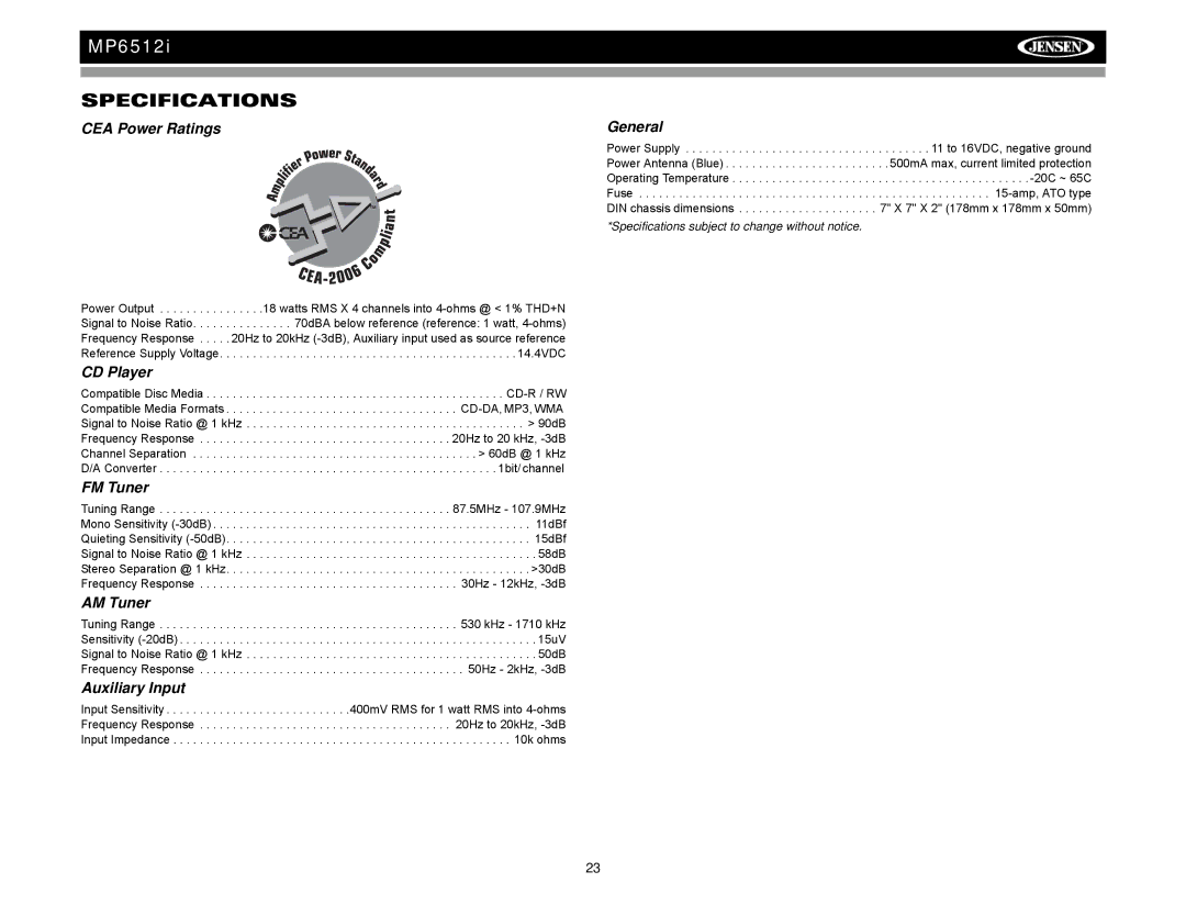 Audiovox MP6512i operation manual Specifications 