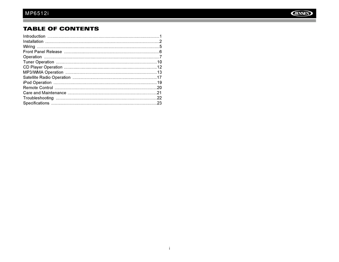 Audiovox MP6512i operation manual Table of Contents 