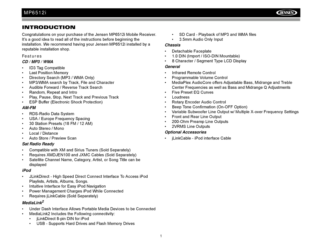 Audiovox MP6512i operation manual Introduction, Features 