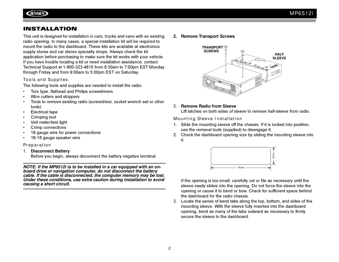 Audiovox MP6512i operation manual Tools and Supplies, Preparation, Mounting Sleeve Installation 