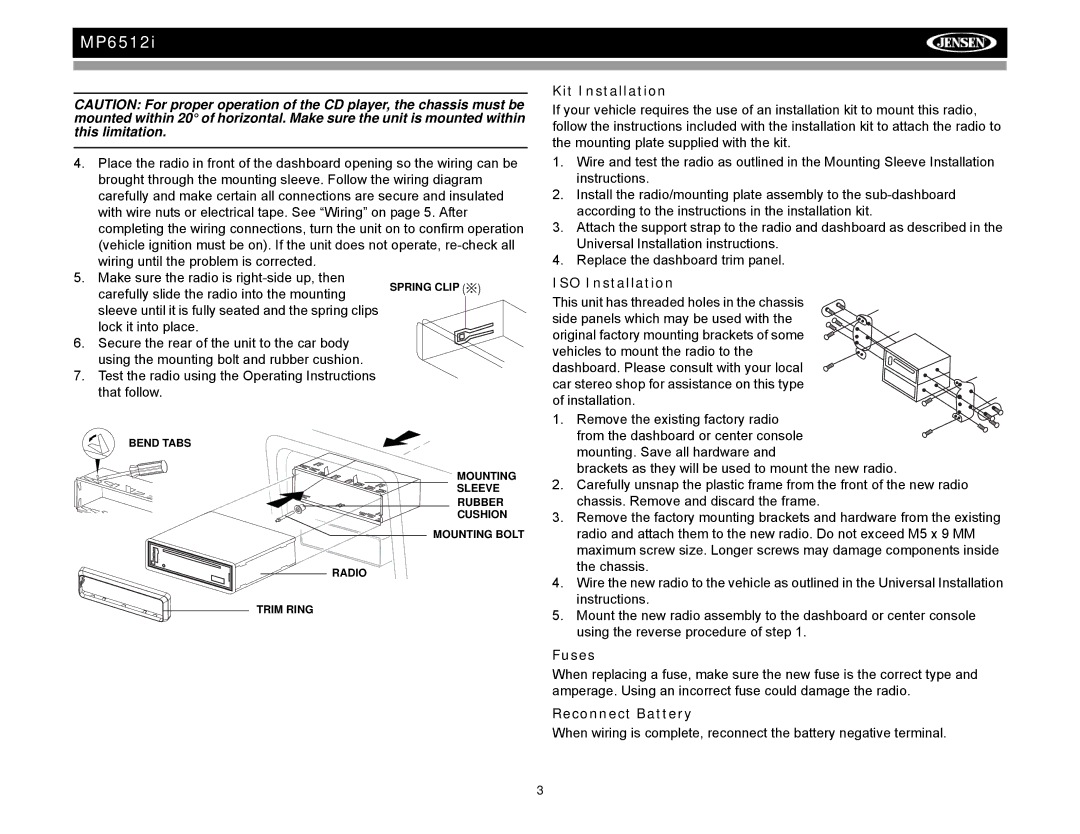 Audiovox MP6512i operation manual Kit Installation, ISO Installation, Fuses, Reconnect Battery 