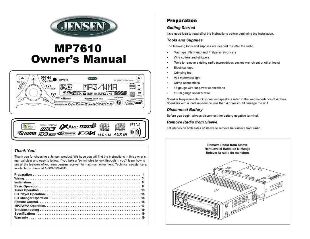 Audiovox MP7610 owner manual Preparation 