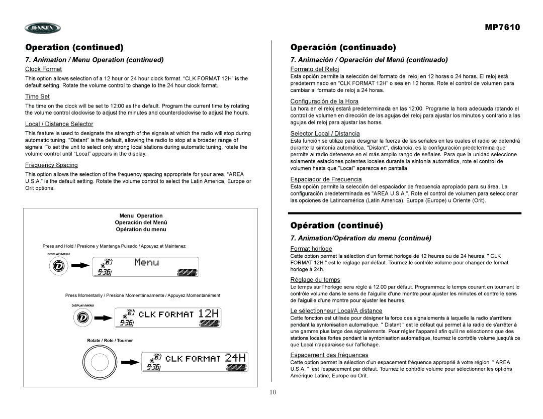 Audiovox MP7610 owner manual Animación / Operación del Menú continuado, Animation/Opération du menu continué 