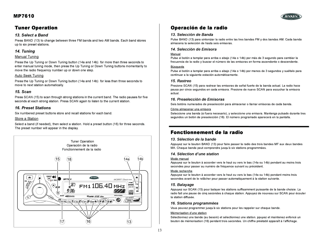 Audiovox owner manual MP7610 Tuner Operation, Operación de la radio, Fonctionnement de la radio 