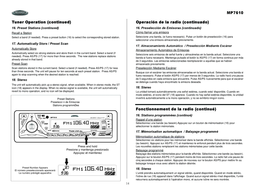 Audiovox owner manual MP7610 Operación de la radio continuado, Fonctionnement de la radio continué 