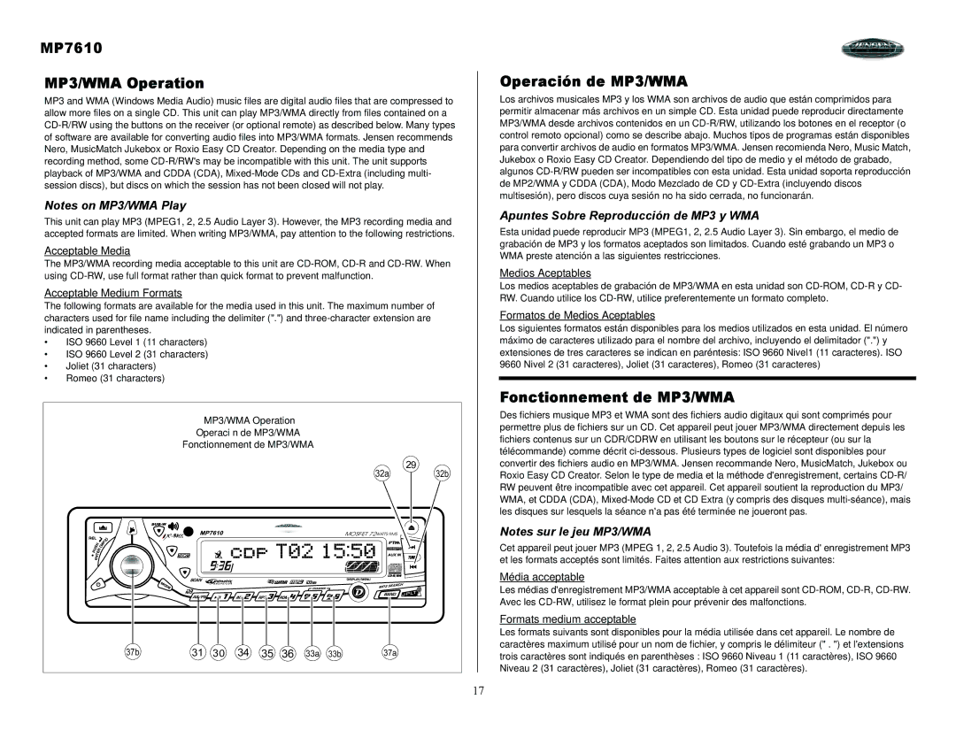 Audiovox owner manual MP7610 MP3/WMA Operation, Operación de MP3/WMA, Fonctionnement de MP3/WMA 