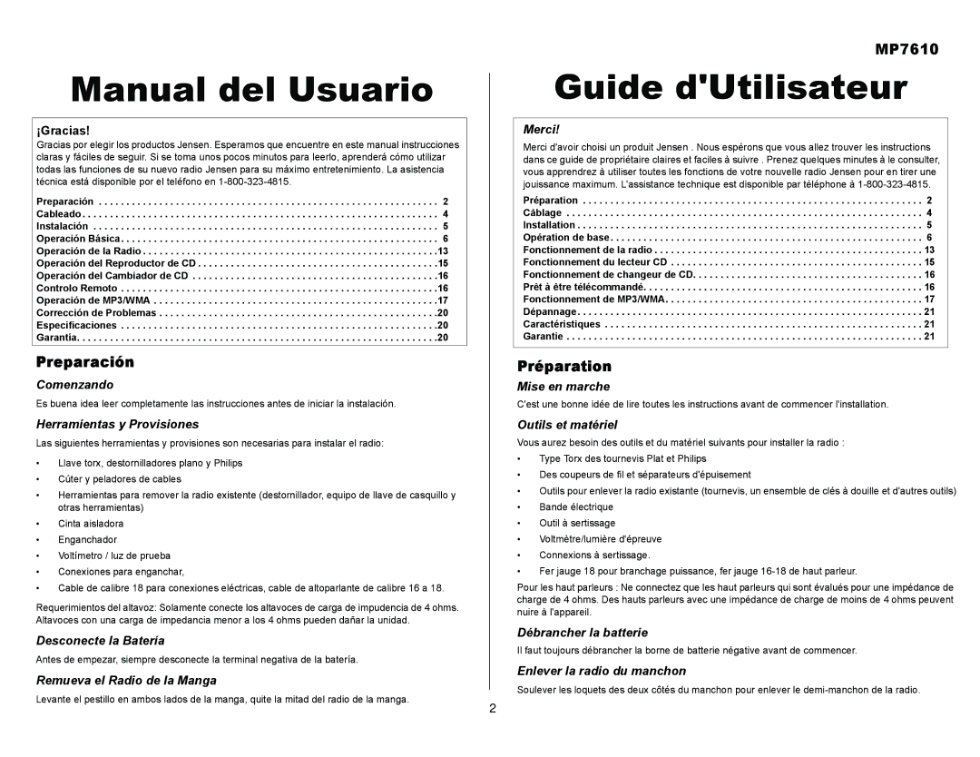 Audiovox MP7610 owner manual Preparación, Préparation 