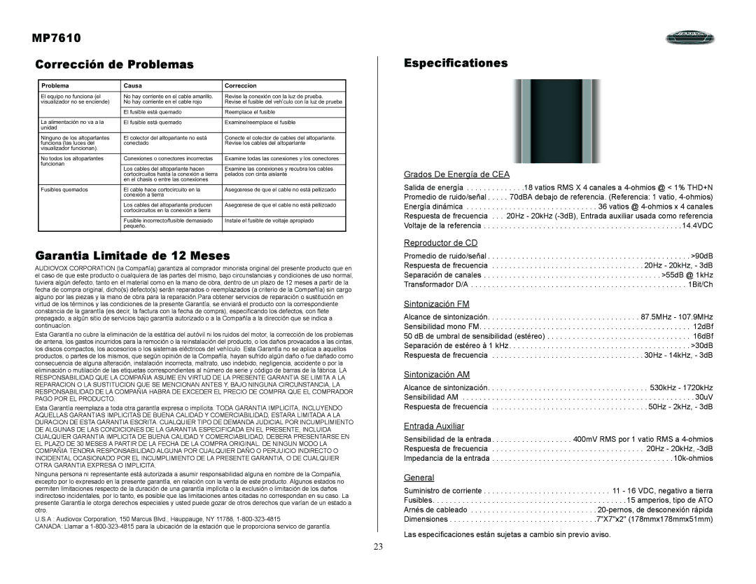 Audiovox owner manual MP7610 Corrección de Problemas, Garantia Limitade de 12 Meses, Especificationes 