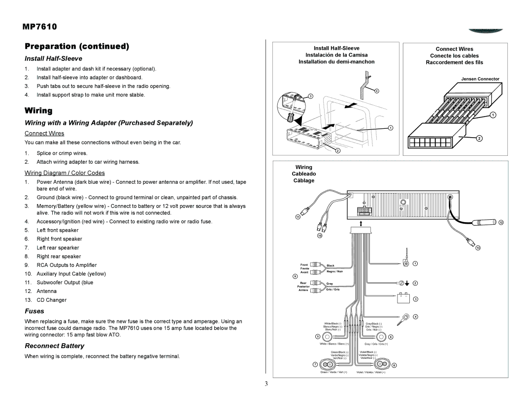 Audiovox owner manual MP7610 Preparation, Wiring 