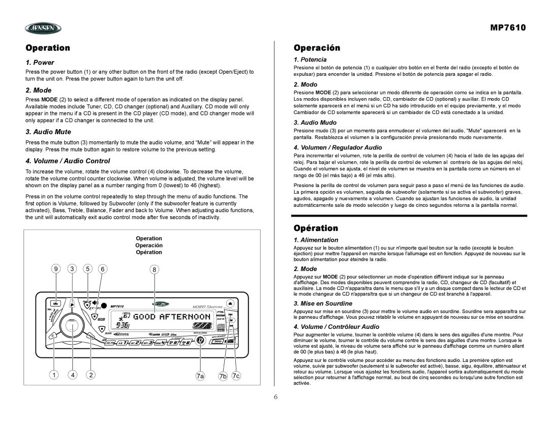 Audiovox owner manual Operation, MP7610 Operación, Opération 