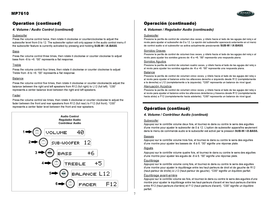 Audiovox owner manual MP7610 Operation, Operación continuado, Opération continué, Volumen / Regulador Audio continuado 