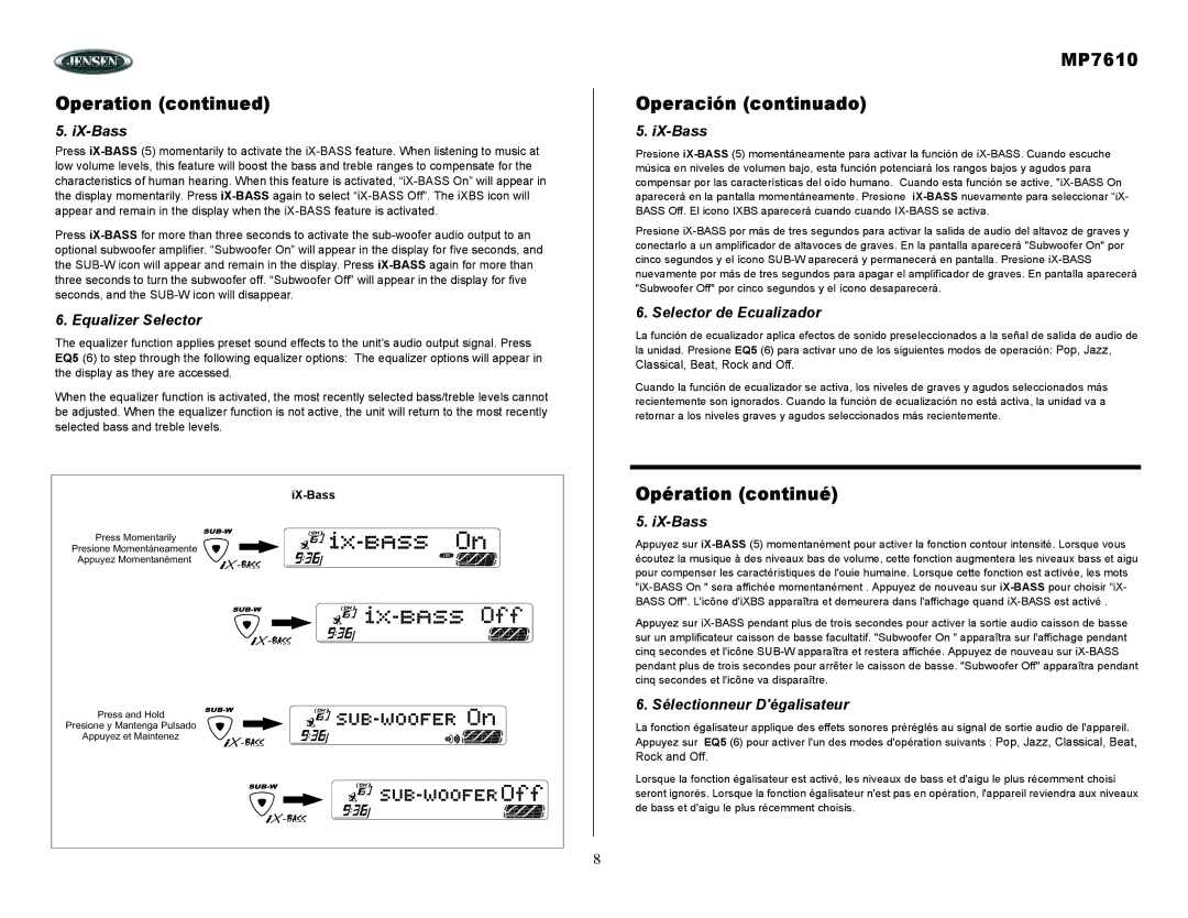 Audiovox MP7610 Operación continuado, IX-Bass, Equalizer Selector, Selector de Ecualizador, Sélectionneur Dégalisateur 
