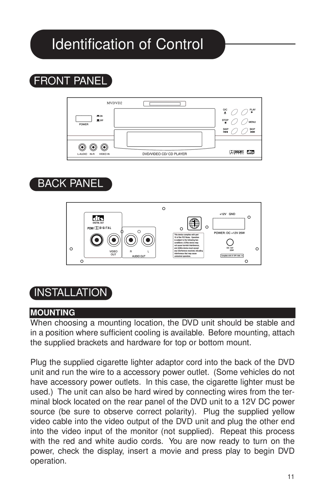 Audiovox MVDVD2 manual Identification of Control, Mounting 