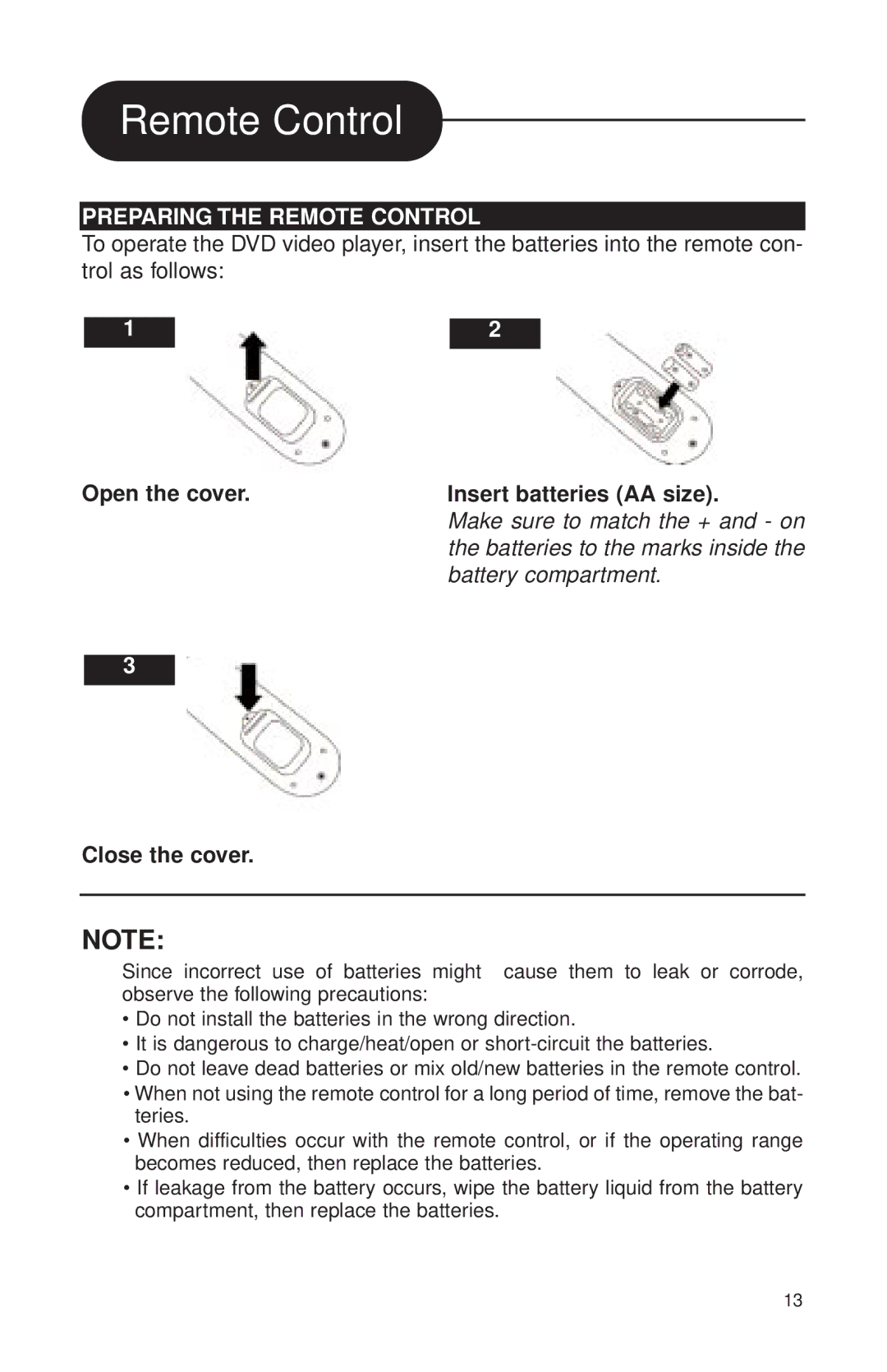 Audiovox MVDVD2 manual Preparing the Remote Control, Open the cover Close the cover Insert batteries AA size 