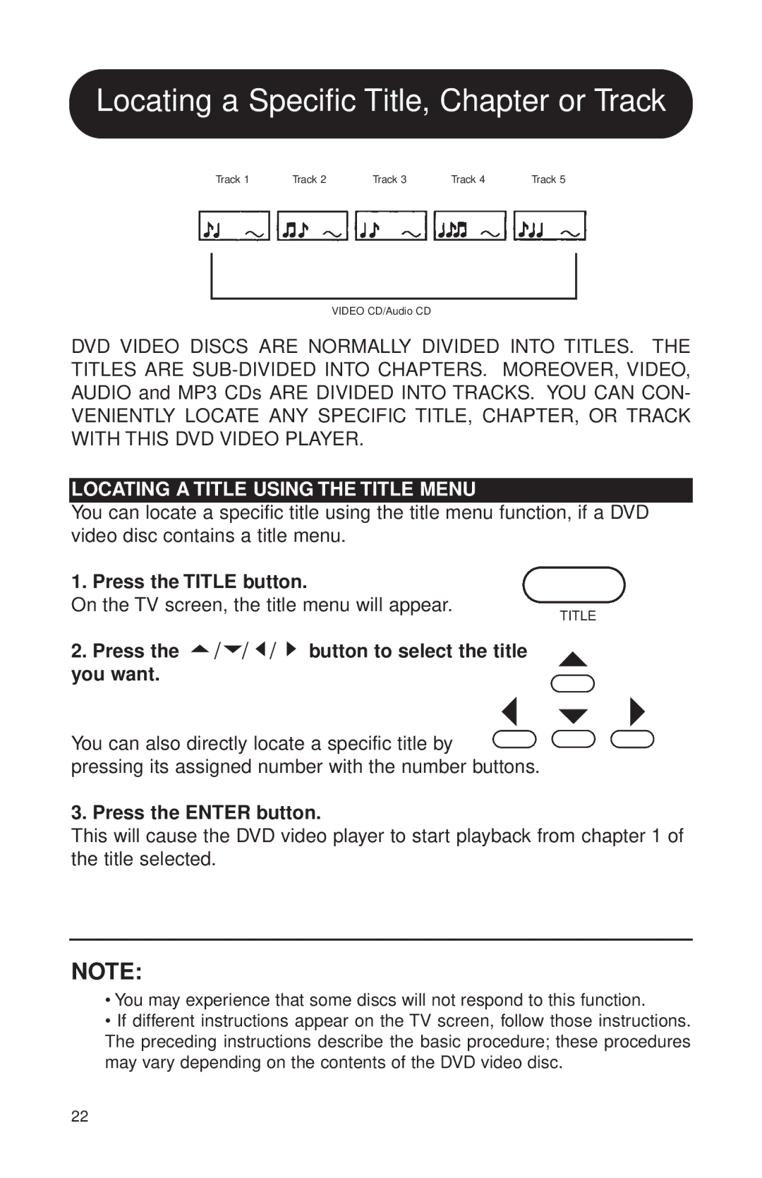 Audiovox MVDVD2 manual Locating a Title Using the Title Menu, Press the Title button, Press the Enter button 