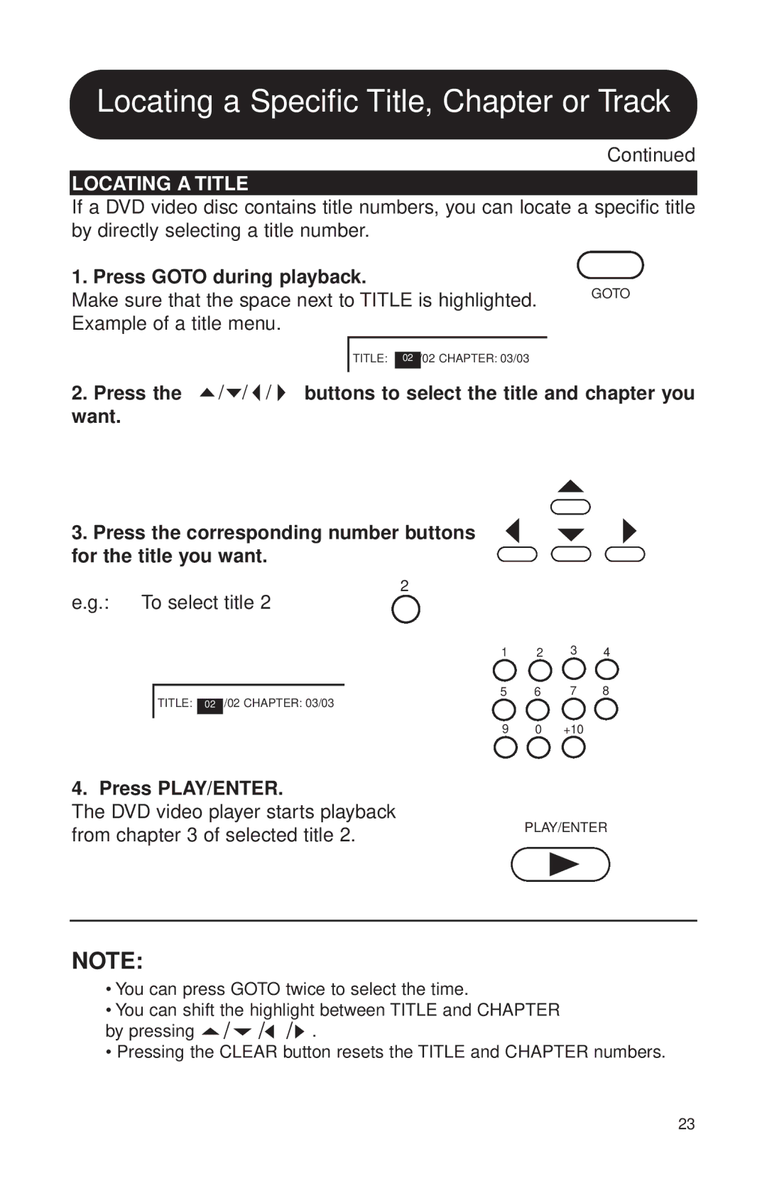 Audiovox MVDVD2 manual Locating a Title, Press Goto during playback, To select title, Press PLAY/ENTER 