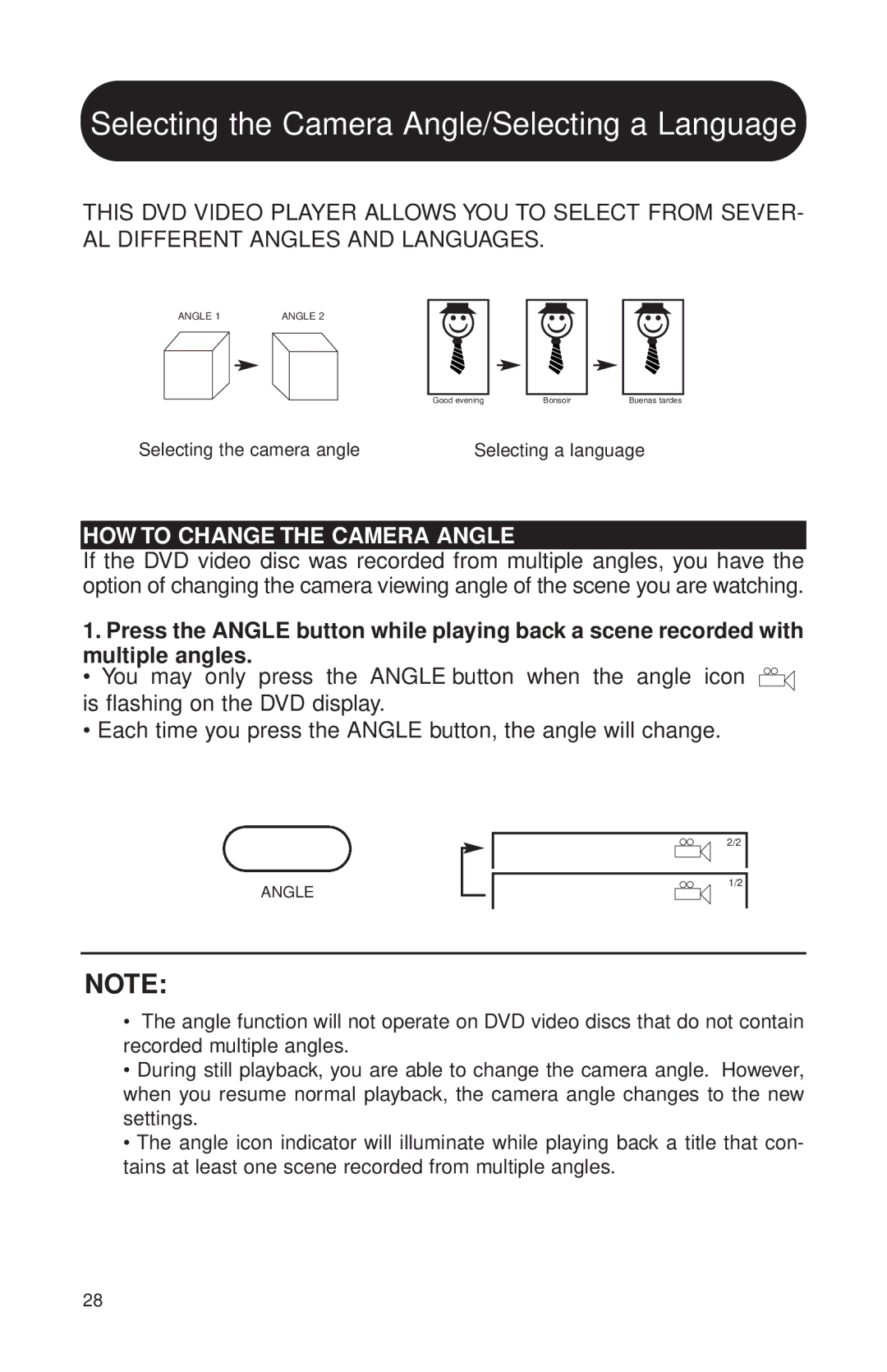 Audiovox MVDVD2 manual Selecting the Camera Angle/Selecting a Language, HOW to Change the Camera Angle 