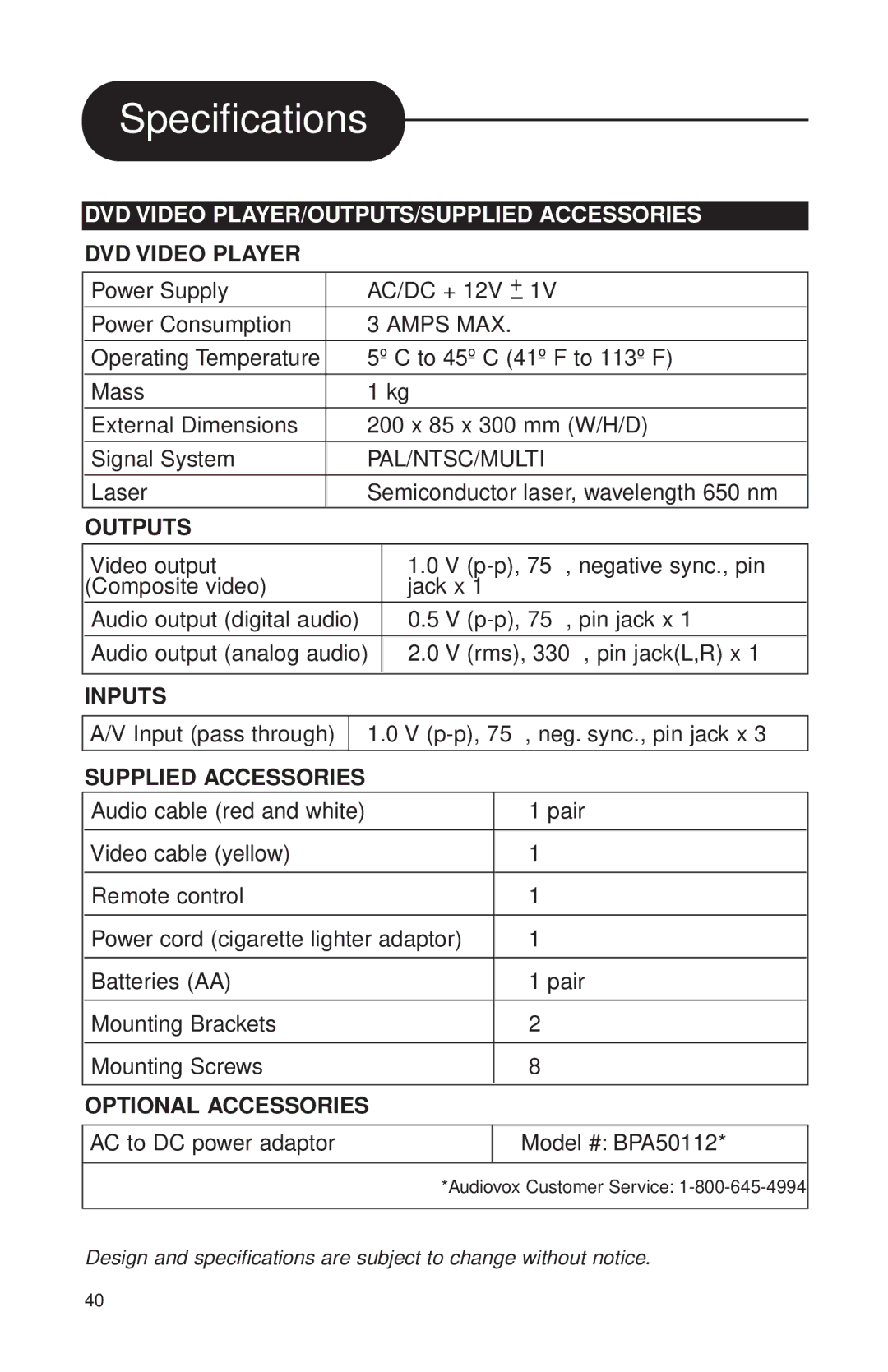 Audiovox MVDVD2 manual Specifications, DVD Video PLAYER/OUTPUTS/SUPPLIED Accessories 