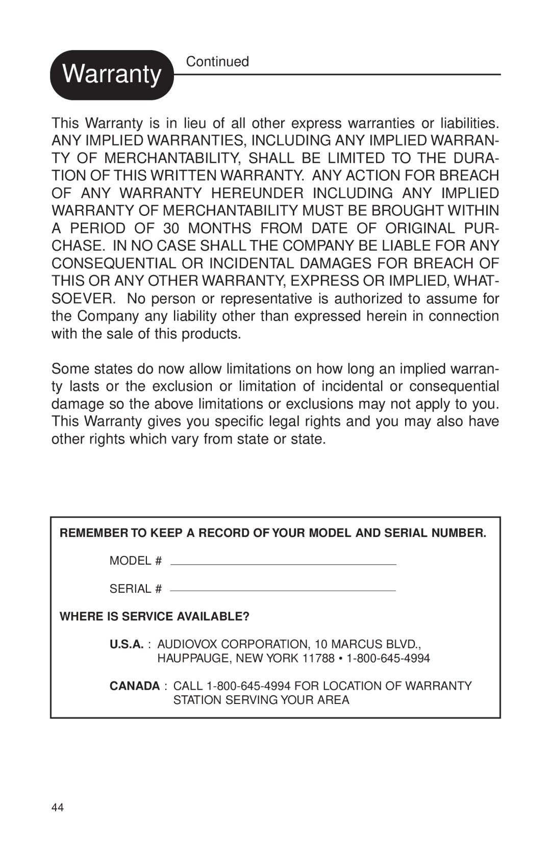 Audiovox MVDVD2 manual Remember to Keep a Record of Your Model and Serial Number 