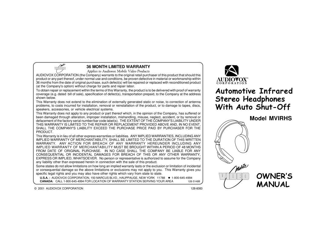 Audiovox MVIRHS warranty OWNER’S Manual, Month Limited Warranty, Applies to Audiovox Mobile Video Products 