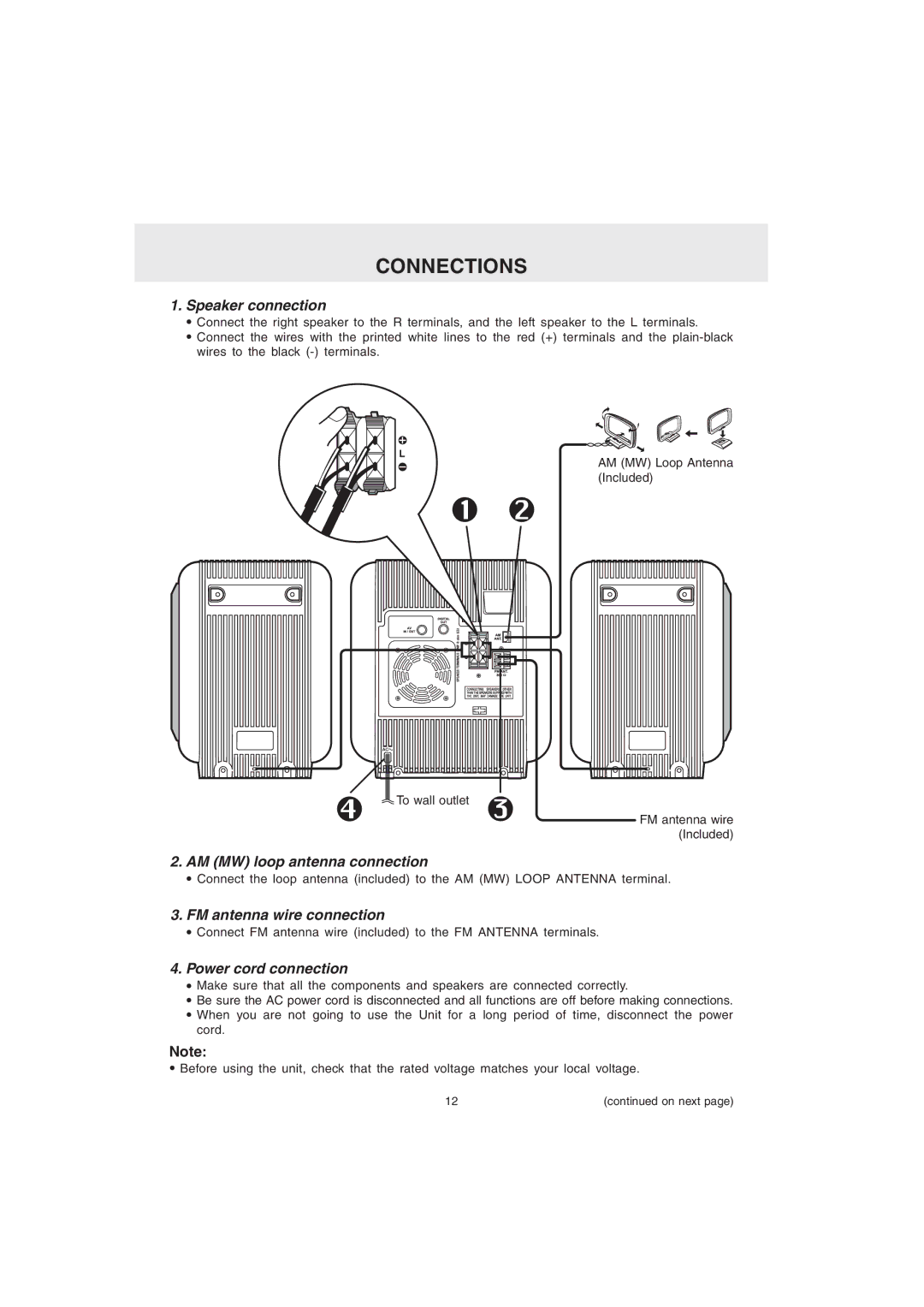 Audiovox MVS6950 manual Connections, Speaker connection, AM MW loop antenna connection, FM antenna wire connection 