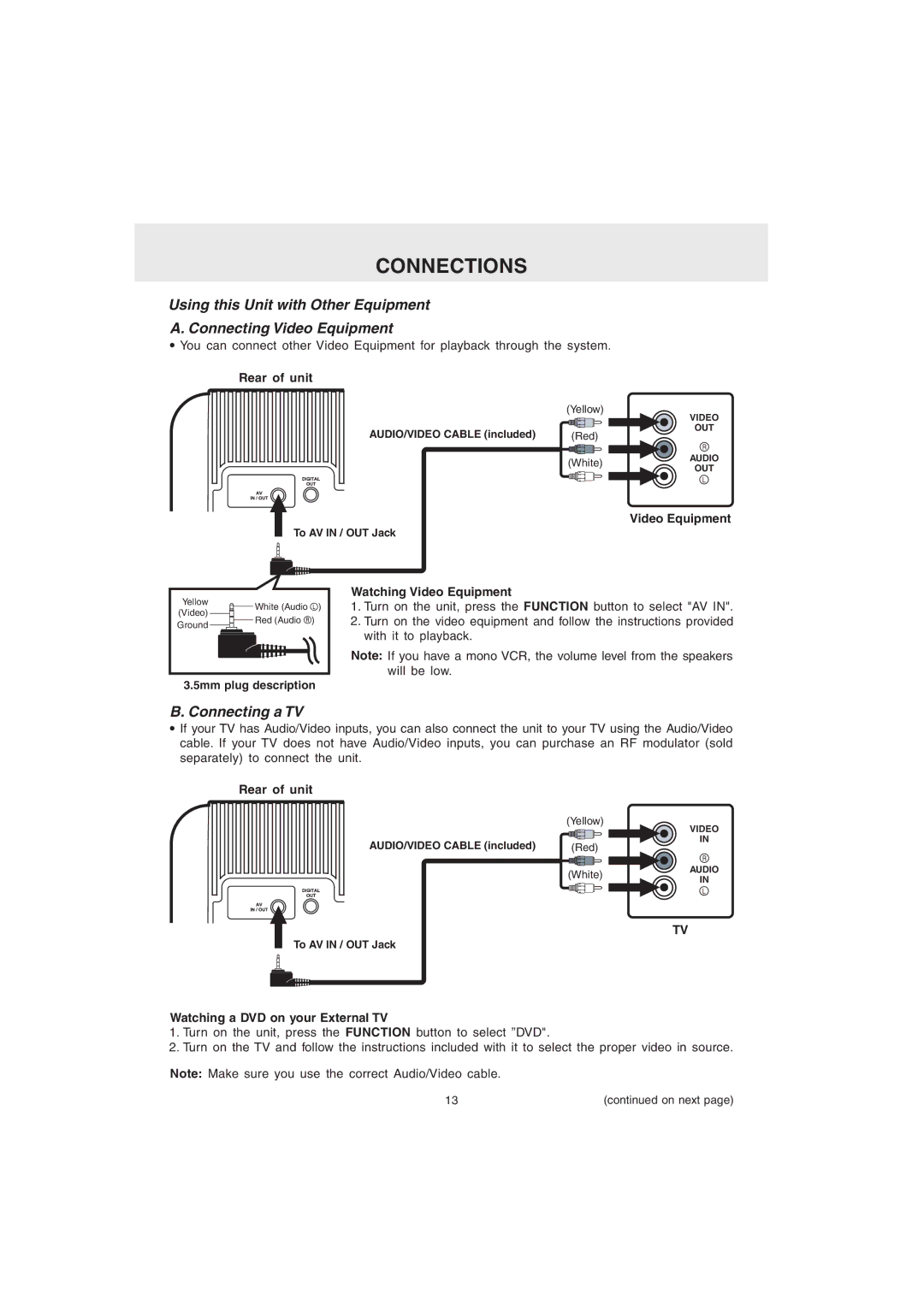 Audiovox MVS6950 manual Connecting a TV, Rear of unit, Watching Video Equipment, Watching a DVD on your External TV 