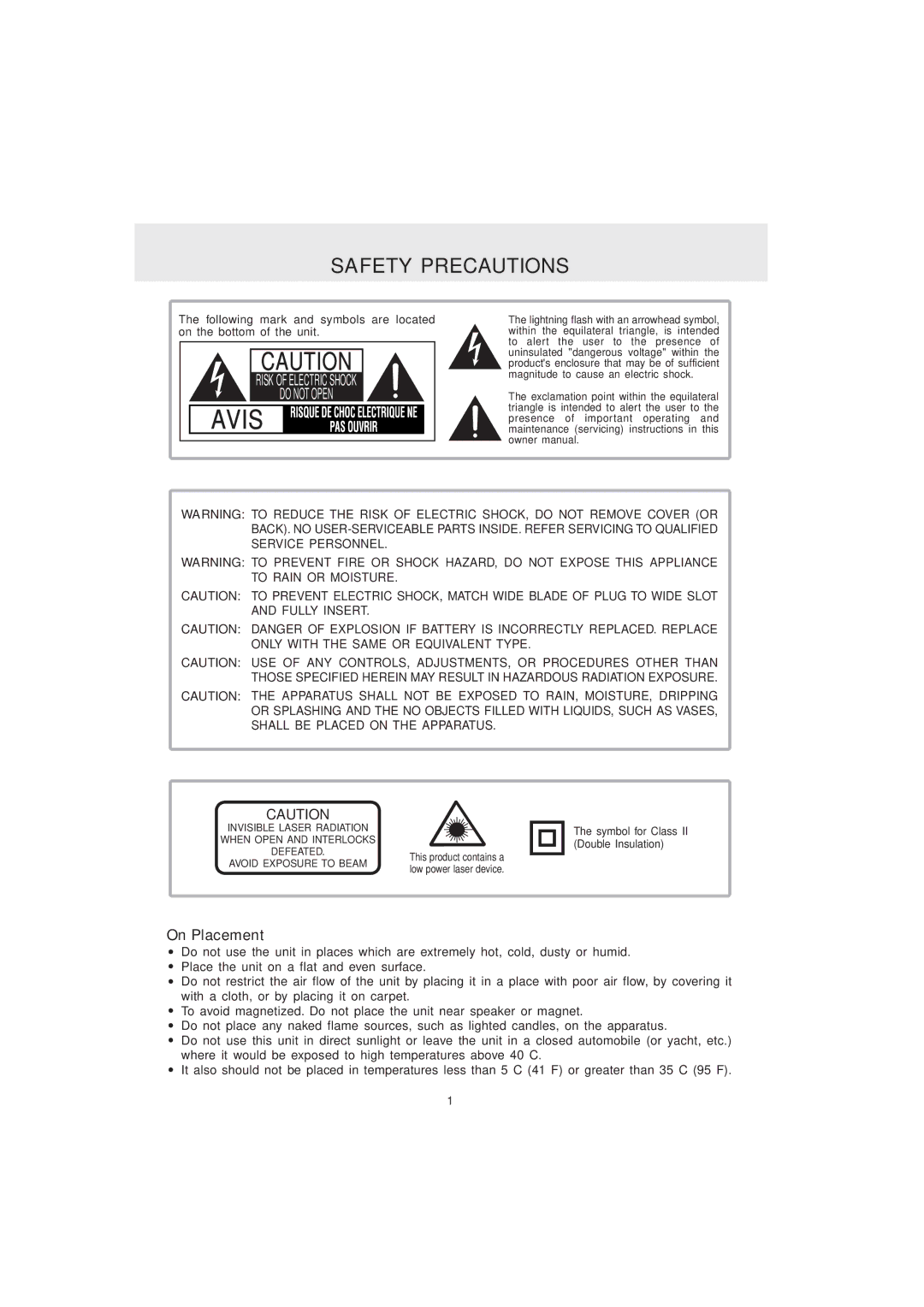 Audiovox MVS6950 manual Safety Precautions, On Placement 