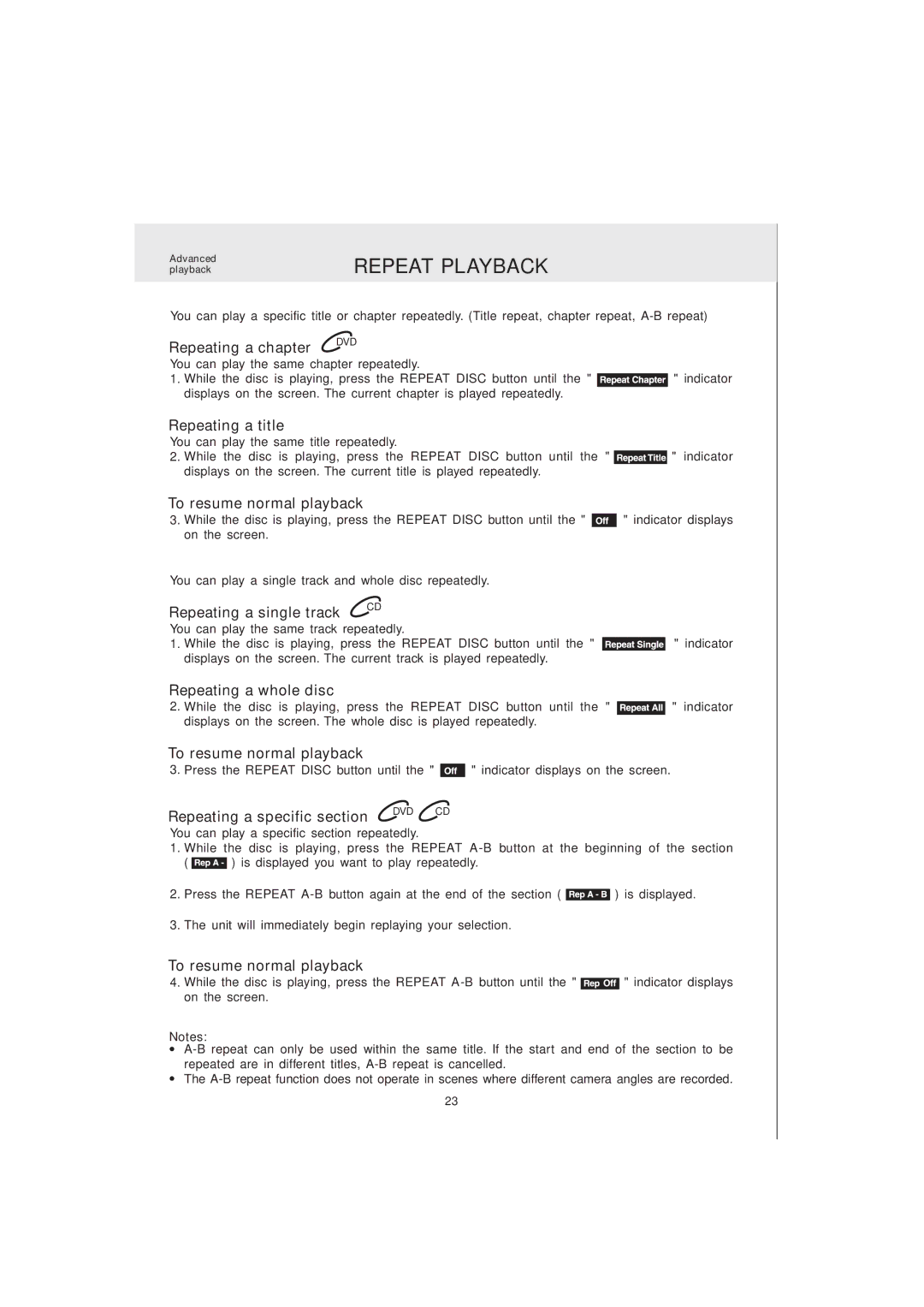 Audiovox MVS6950 manual Repeat Playback 