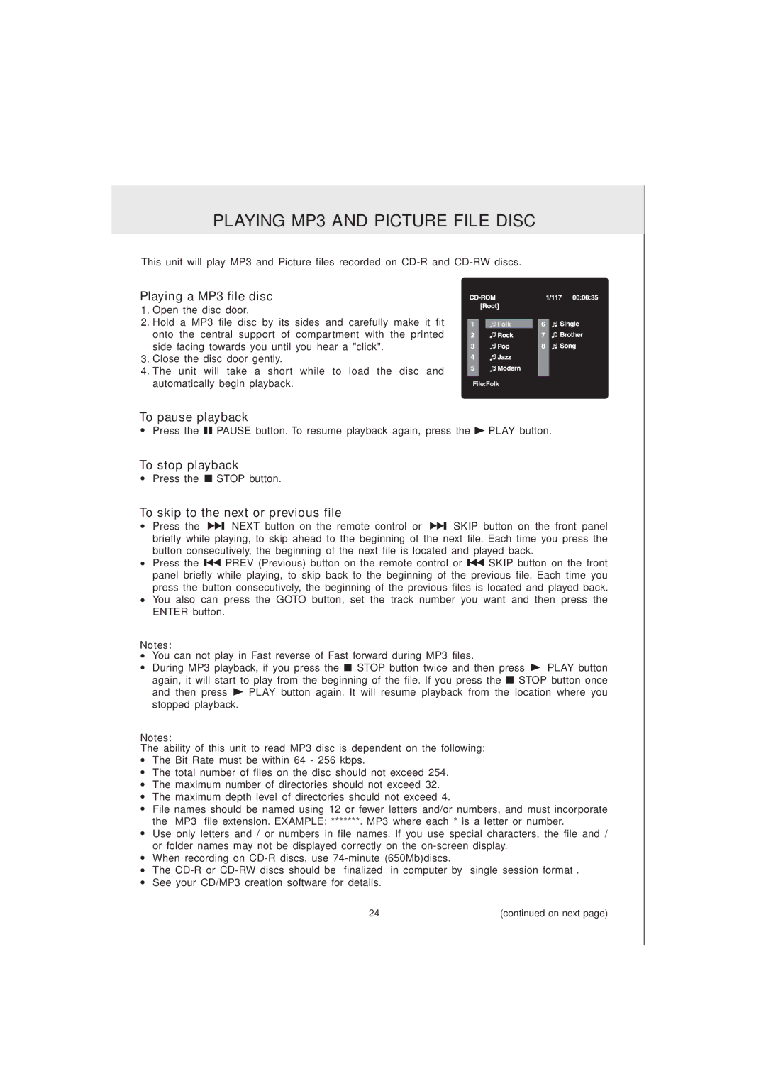 Audiovox MVS6950 manual Playing MP3 and Picture File Disc, Playing a MP3 file disc 1. Open the disc door, To pause playback 