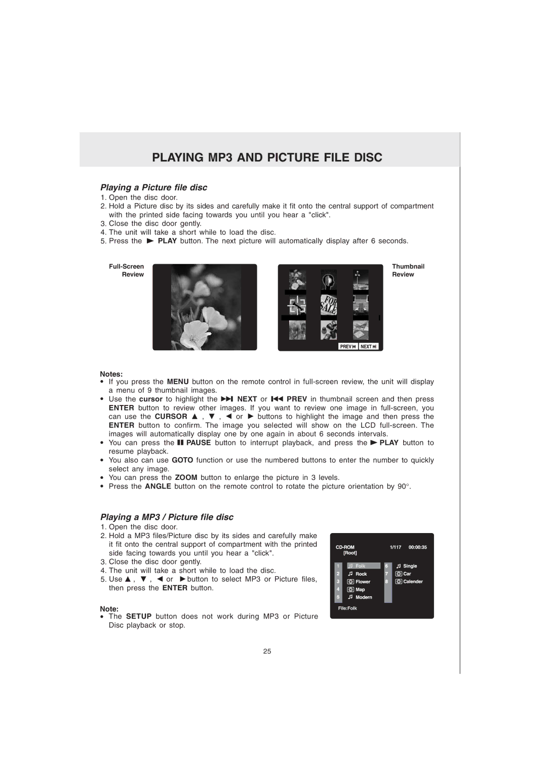 Audiovox MVS6950 manual Playing a Picture file disc, Playing a MP3 / Picture file disc 