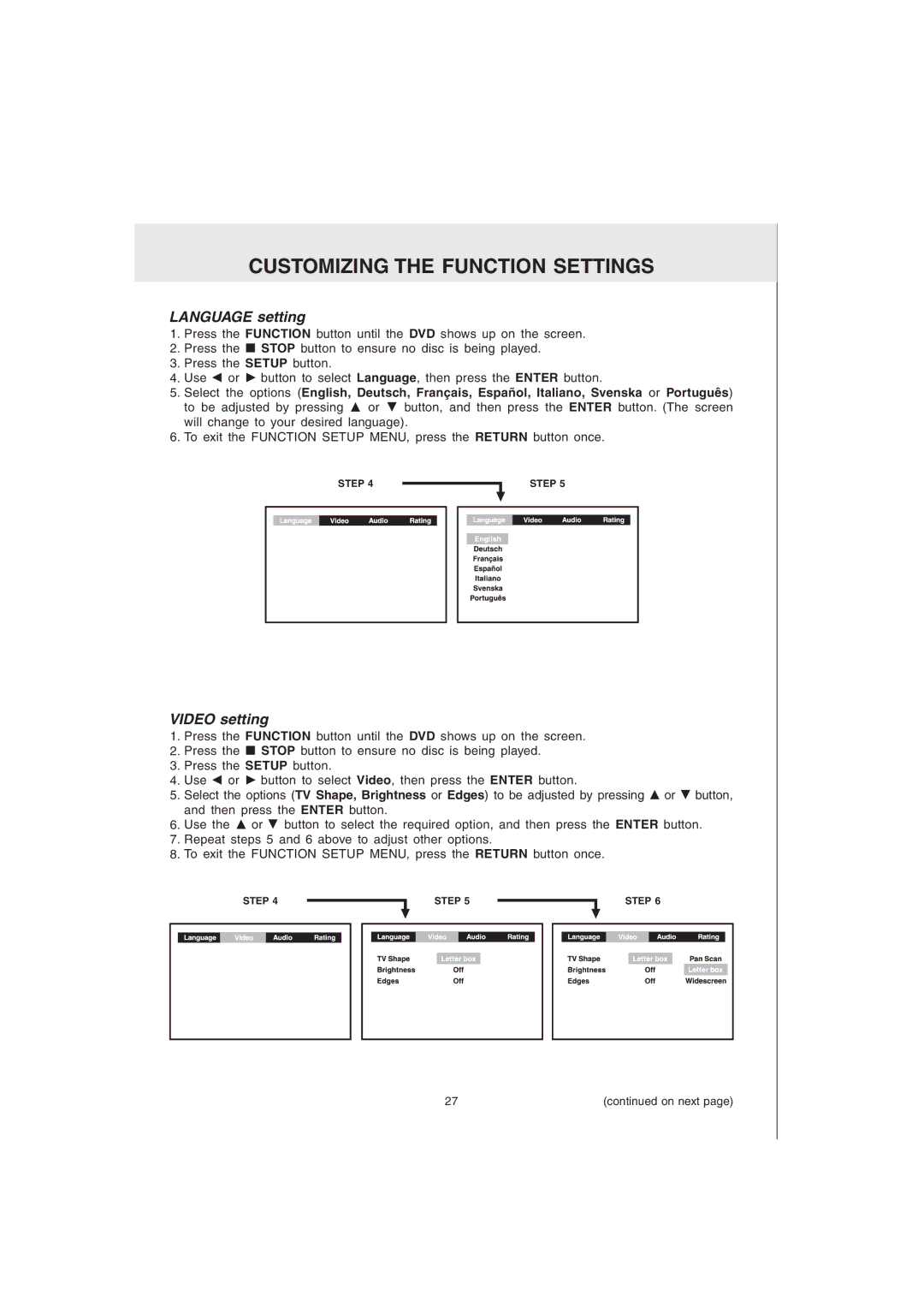 Audiovox MVS6950 manual Customizing the Function Settings, Language setting, Video setting 