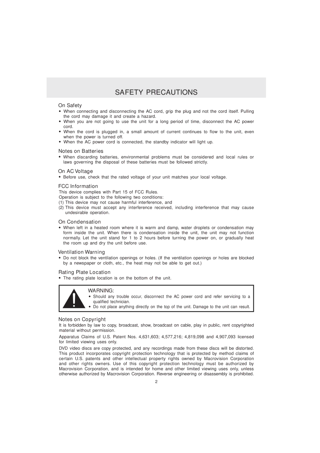 Audiovox MVS6950 On Safety, On AC Voltage, FCC Information, On Condensation, Ventilation Warning, Rating Plate Location 