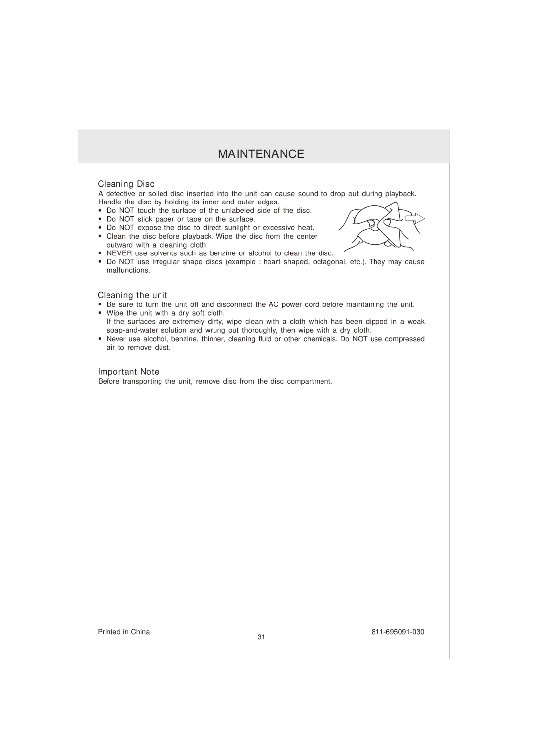 Audiovox MVS6950 manual Maintenance, Cleaning Disc, Cleaning the unit, Important Note 