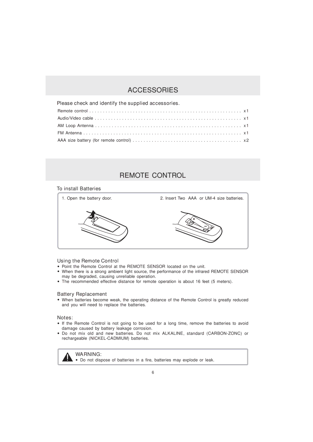 Audiovox MVS6950 manual Accessories, Remote Control 