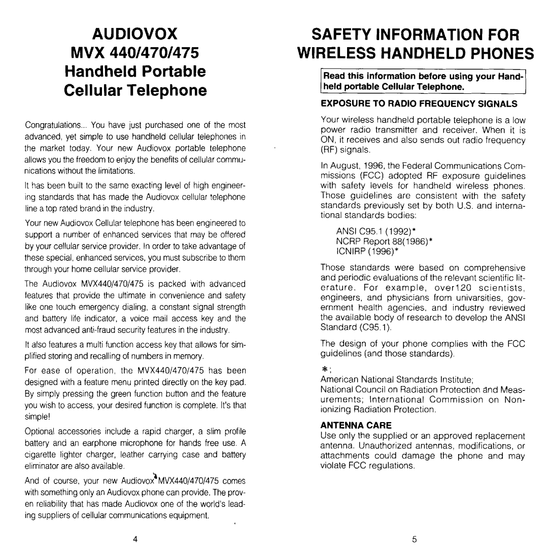 Audiovox MVX-470, MVX-440, MVX-475 manual 