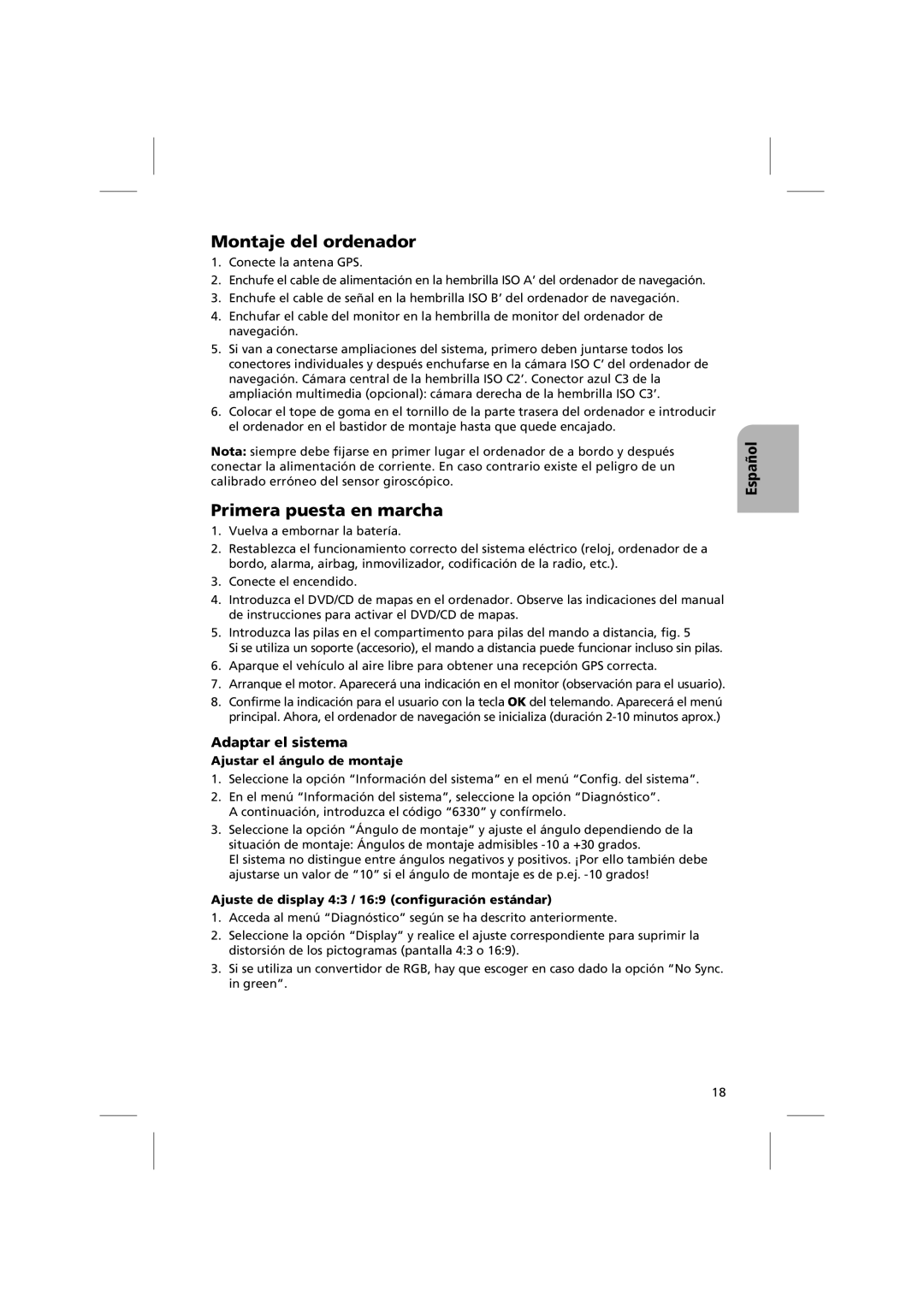 Audiovox NPD 5400 manual Montaje del ordenador, Primera puesta en marcha, Adaptar el sistema, Ajustar el ángulo de montaje 