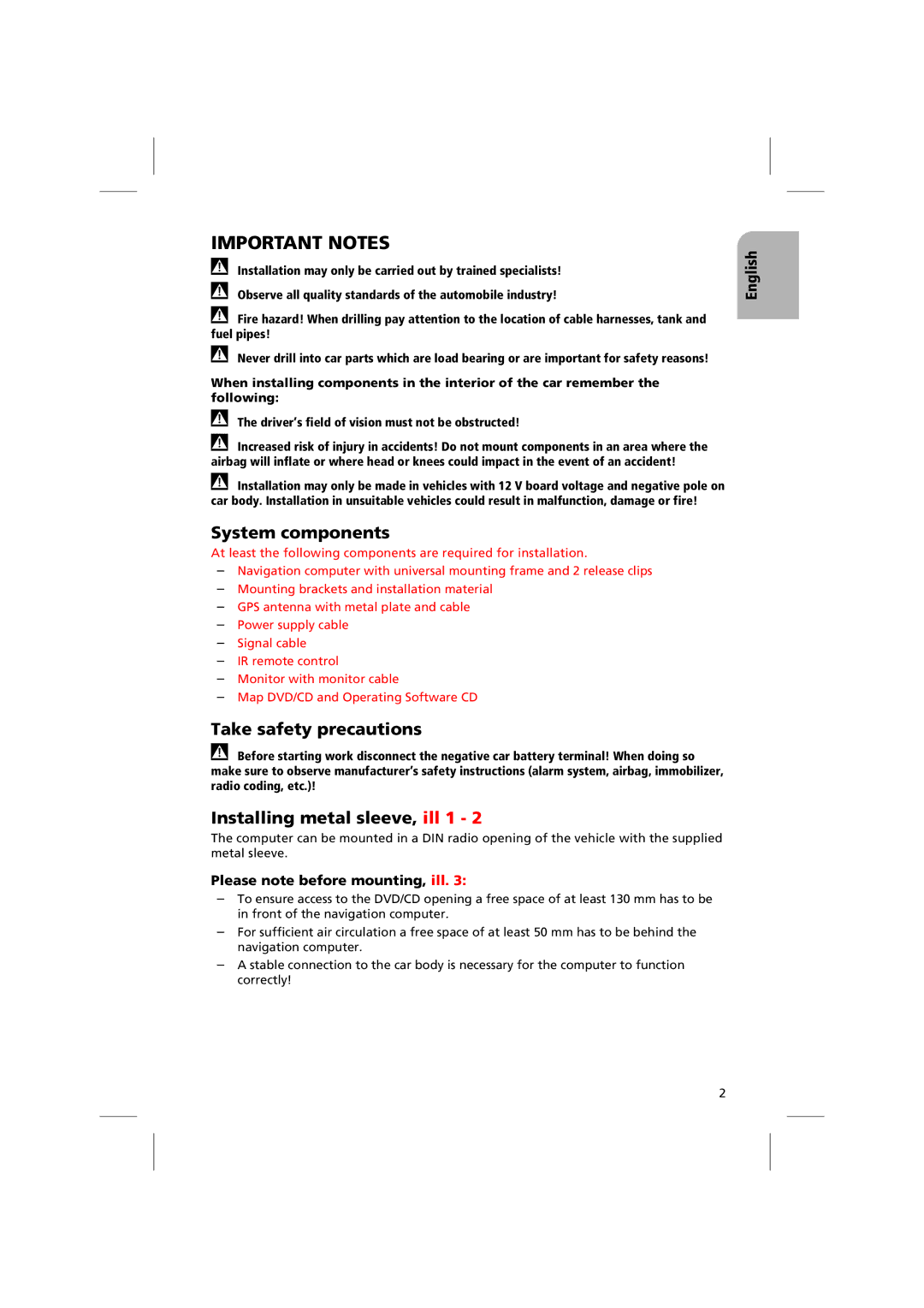 Audiovox NPD 5400 manual System components, Take safety precautions, Installing metal sleeve, ill 1 