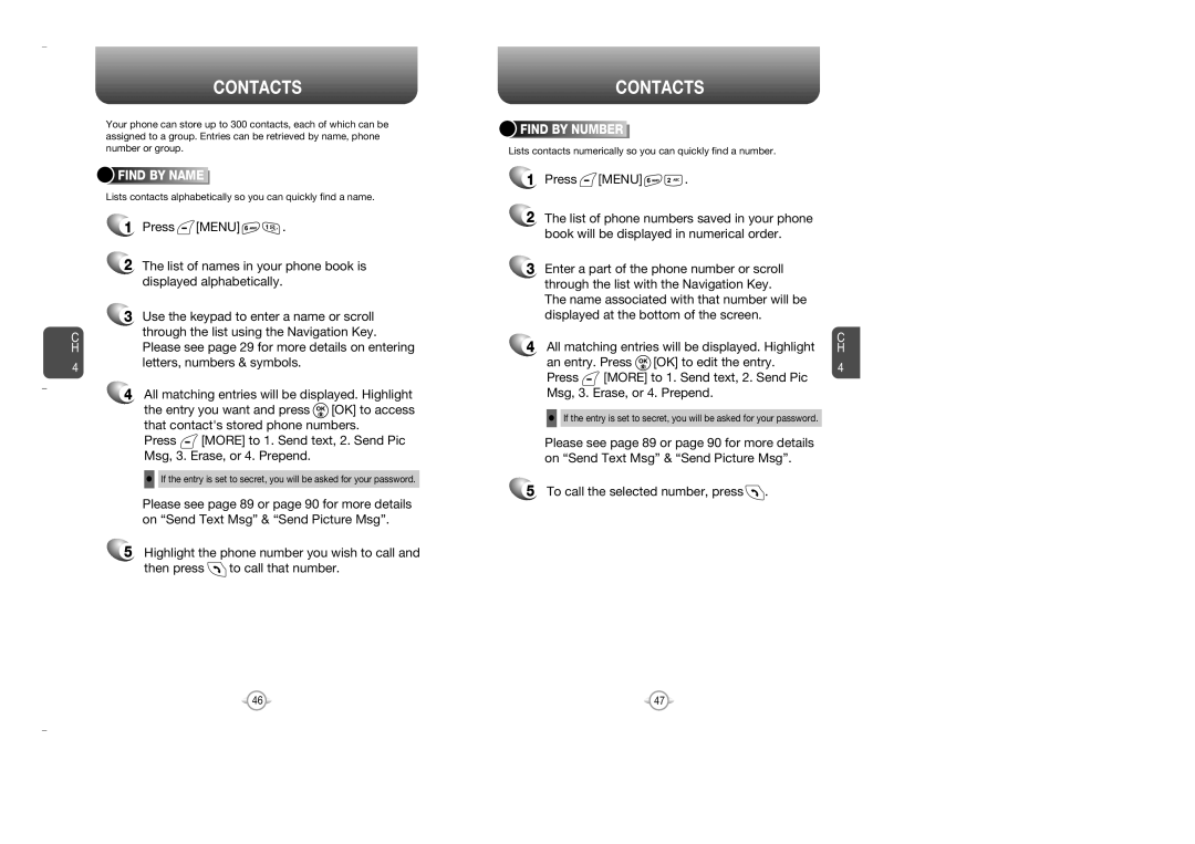 Audiovox OV7 manual Contacts, To call the selected number, press, Find by Name, Find by Number 