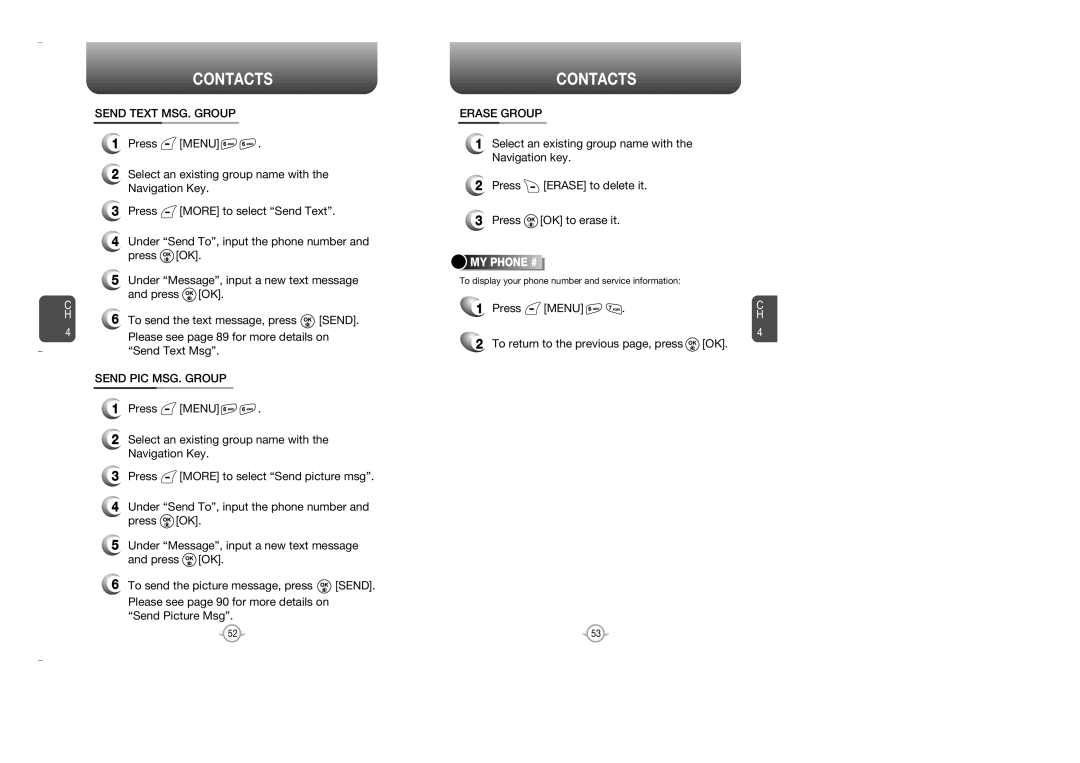 Audiovox OV7 manual Send Text MSG. Group, Send PIC MSG. Group, Press Menu To return to the previous page, press OK 