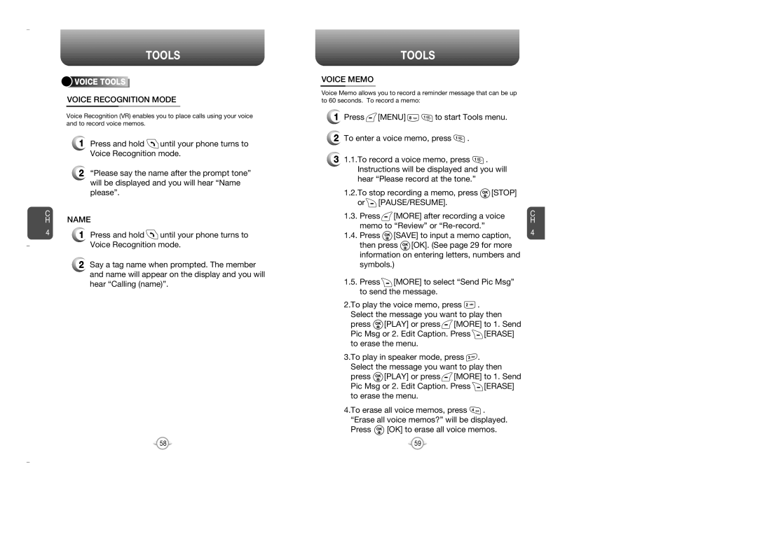 Audiovox OV7 manual Tools, Voice Recognition Mode, Name, Voice Memo, Press OK to erase all voice memos 