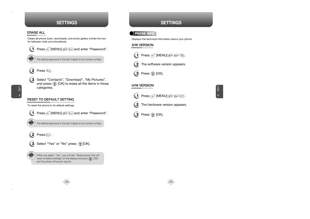 Audiovox OV7 manual Erase ALL, Reset to Default Setting, Version 